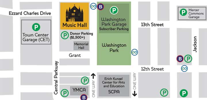 A map of parking opportunities around Music Hall